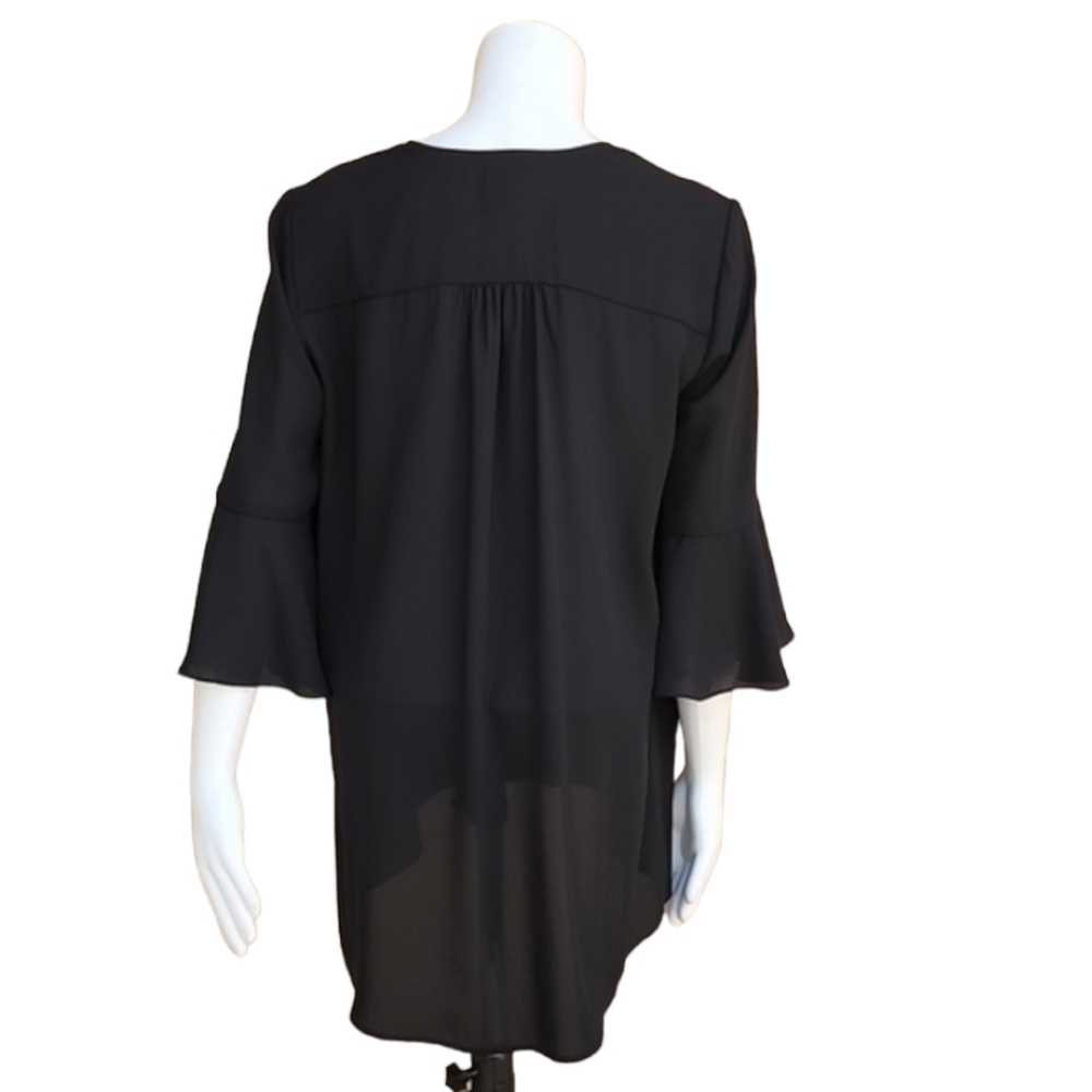 KAREN KANE Black Chiffon Blouse M Crossover Hem Ruffle Bell Sleeve Top - Picture 4 of 16